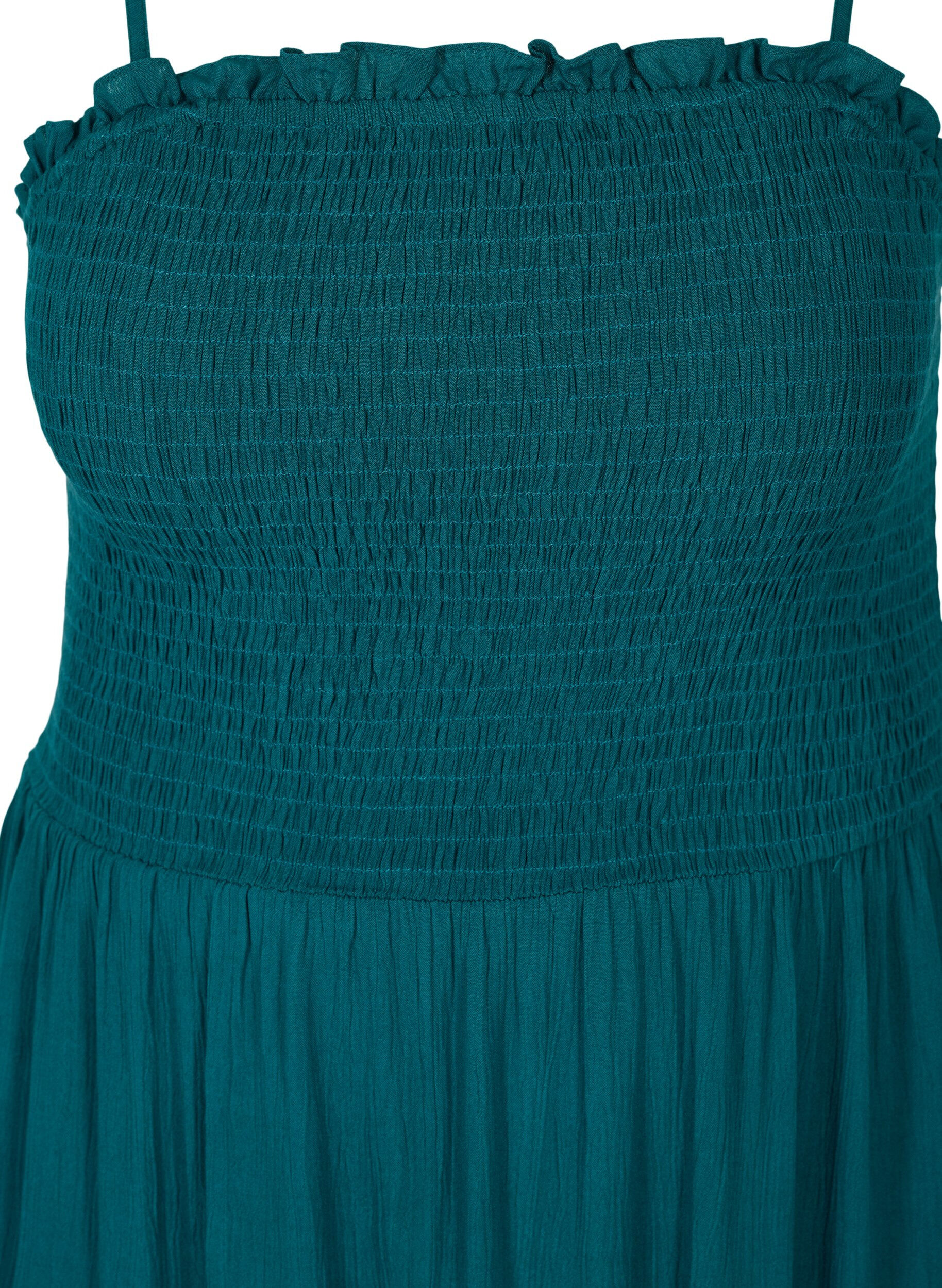 ZizziViskose Strandkleid mit Smock und Lochstickerei, Deep Teal, Packshot image number 2