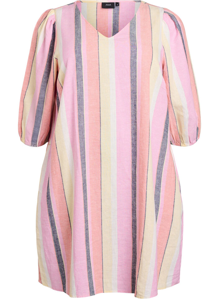 Kleid aus Leinen und Viskose mit 3/4-&Auml;rmeln, Gelb, Packshot image number 0