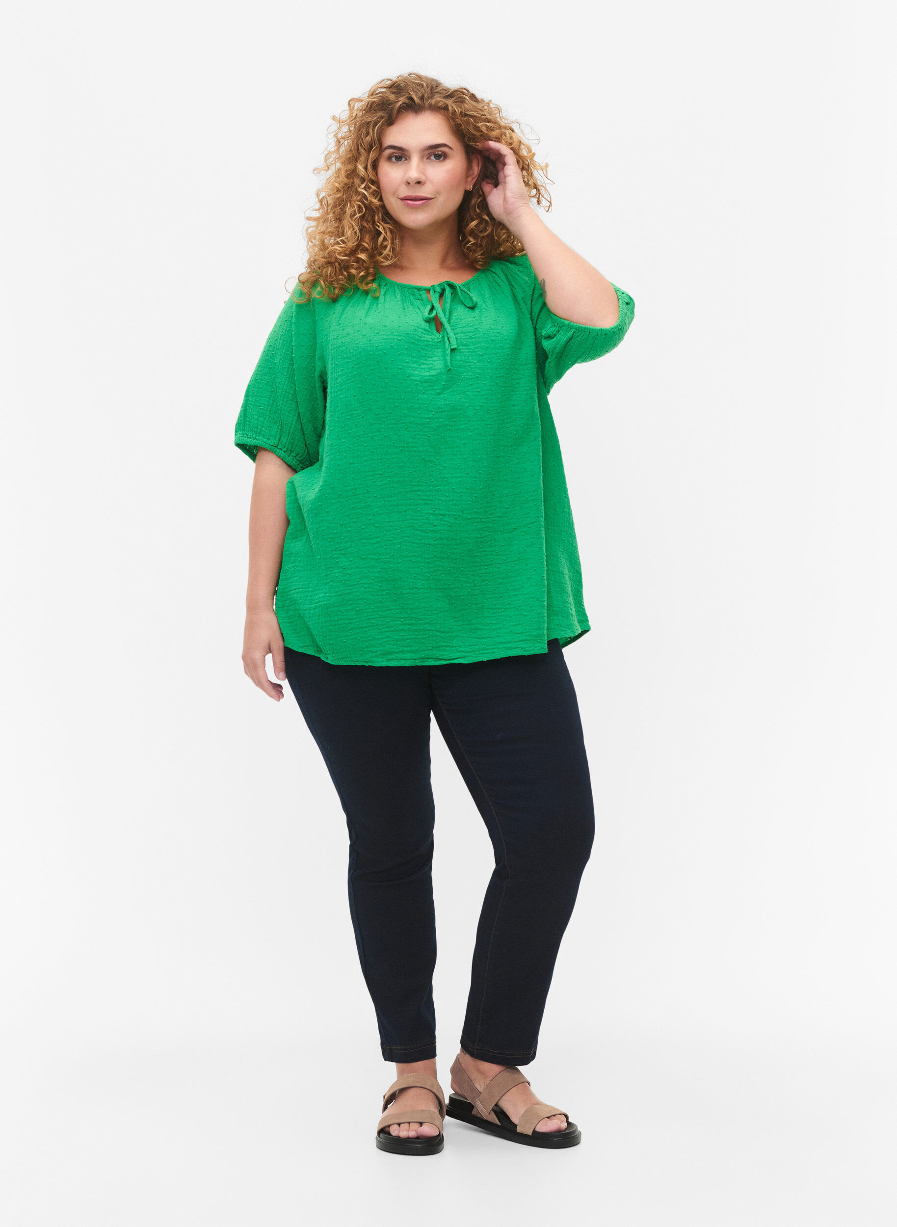 ZizziBaumwollbluse mit 1/2 &Auml;rmeln, Bright Green, Model image number 2