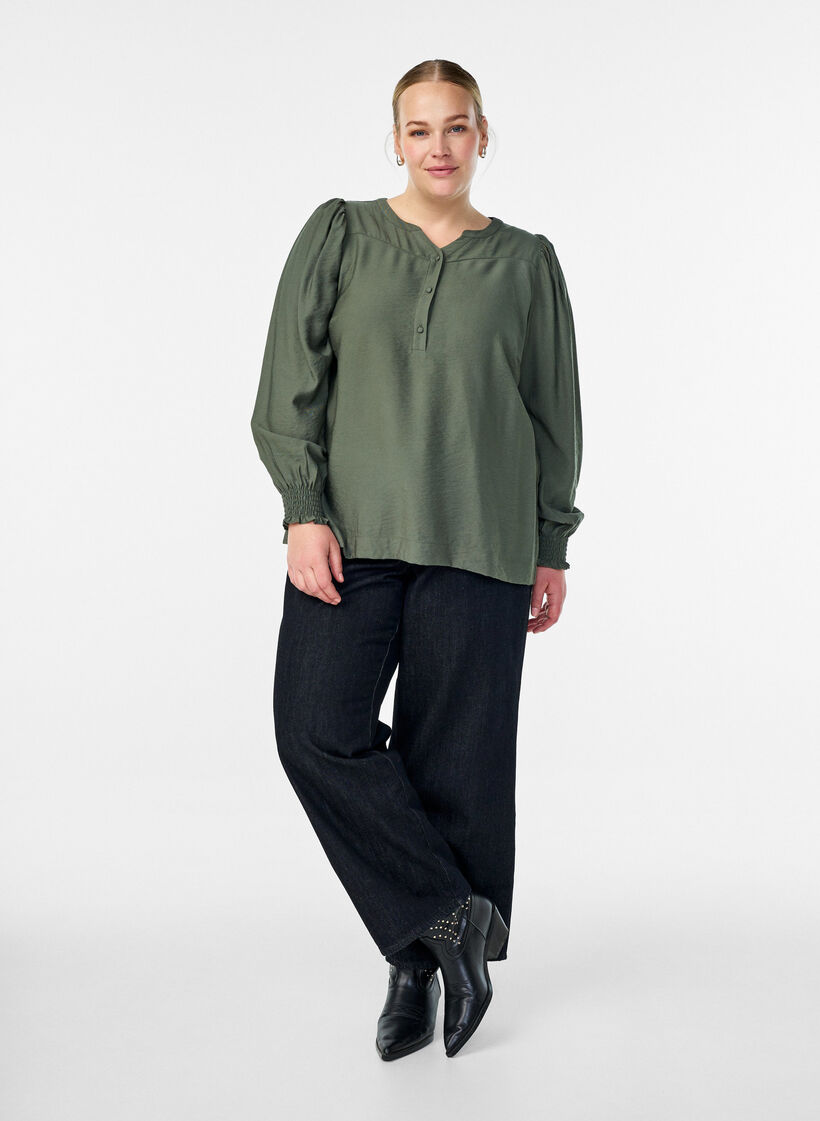 Viskose-Bluse mit Puff&auml;rmeln und gerafften Details, Gr&uuml;n, Model image number 1