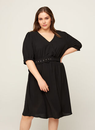 Kurzarm Kleid mit Gürtel, Black, Model image number 0