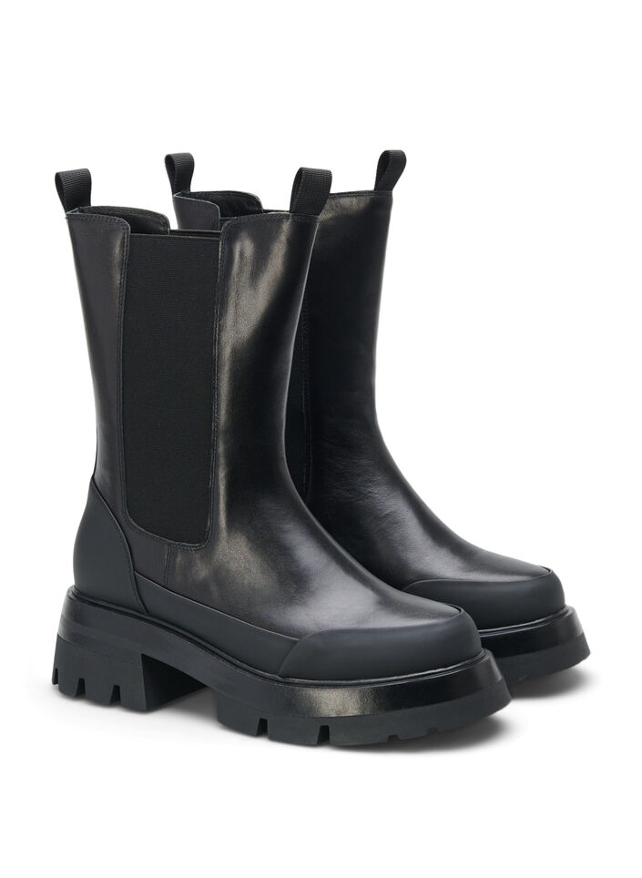 Weite Passform Lederstiefel mit dicker Sohle, Black, Packshot image number 1