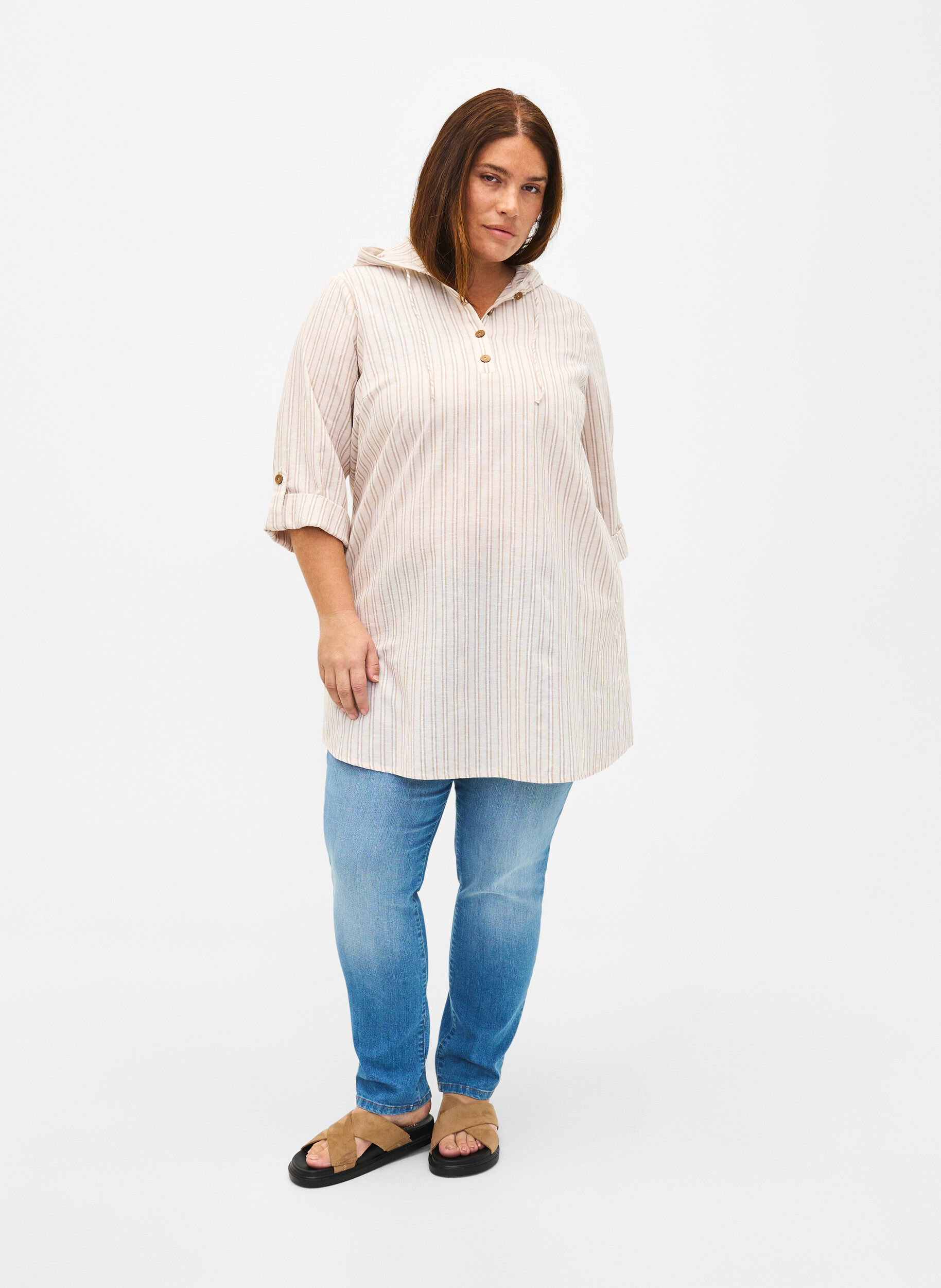 ZizziTunika mit Kapuze aus Baumwolle und Leinen, Wh. Sandshell Stripe, Model image number 3