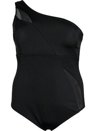 One-Shoulder-Badeanzug mit Mesh-Details, Black, Packshot image number 0