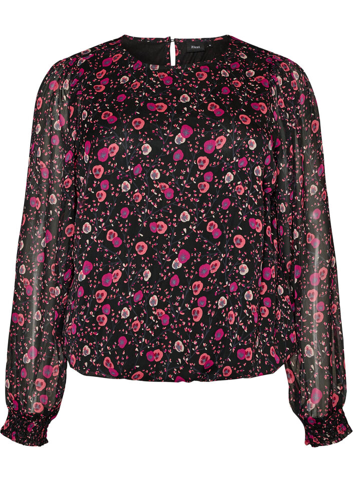 Gebl&uuml;mte Bluse aus Chiffon mit transparenten &Auml;rmeln, Schwarz, Packshot image number 0