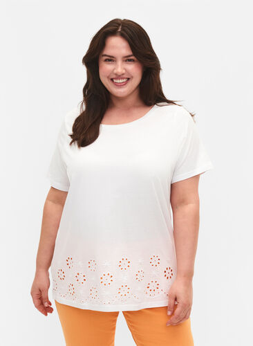 T-Shirt aus Baumwolle mit Broderi anglaise, Bright White, Model image number 0
