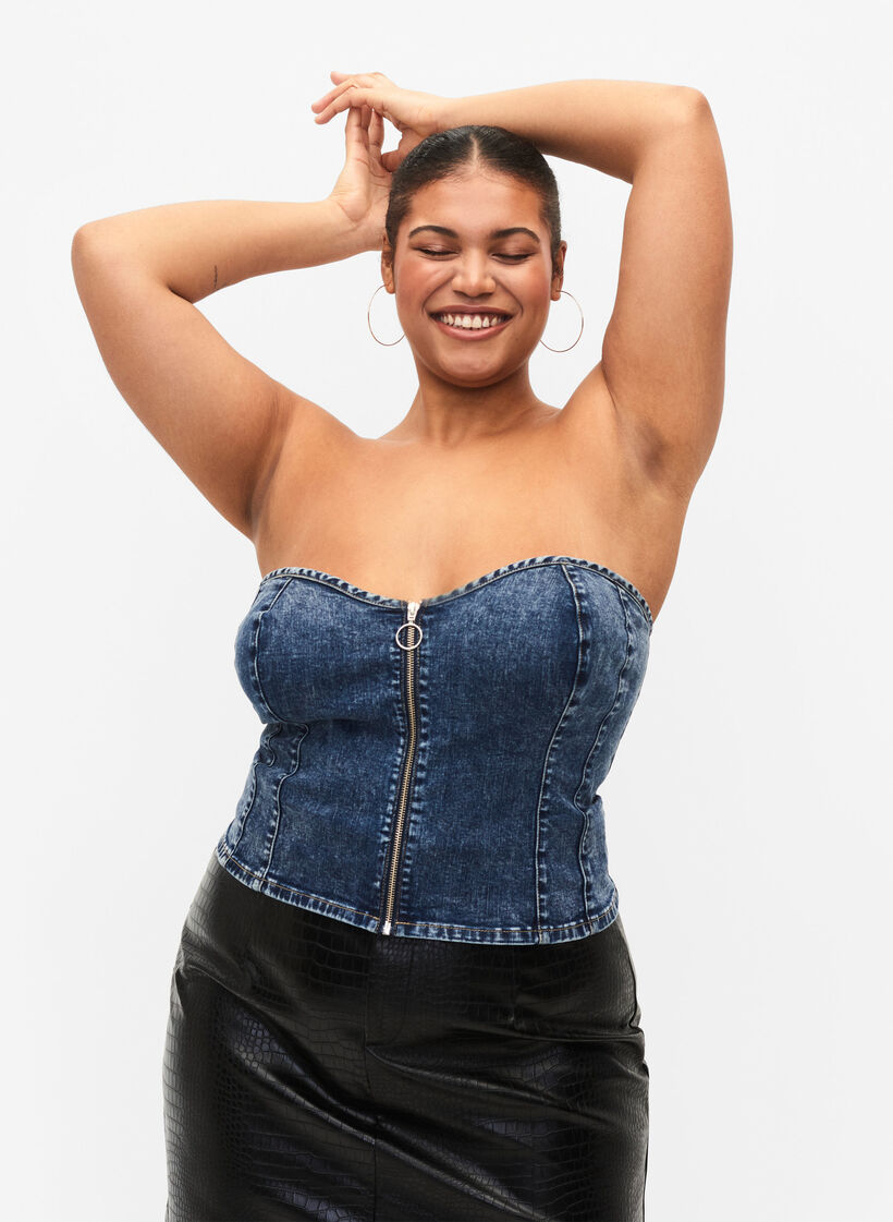 Denim Korsett Top mit Reißverschluss, Blue denim, Model image number 2