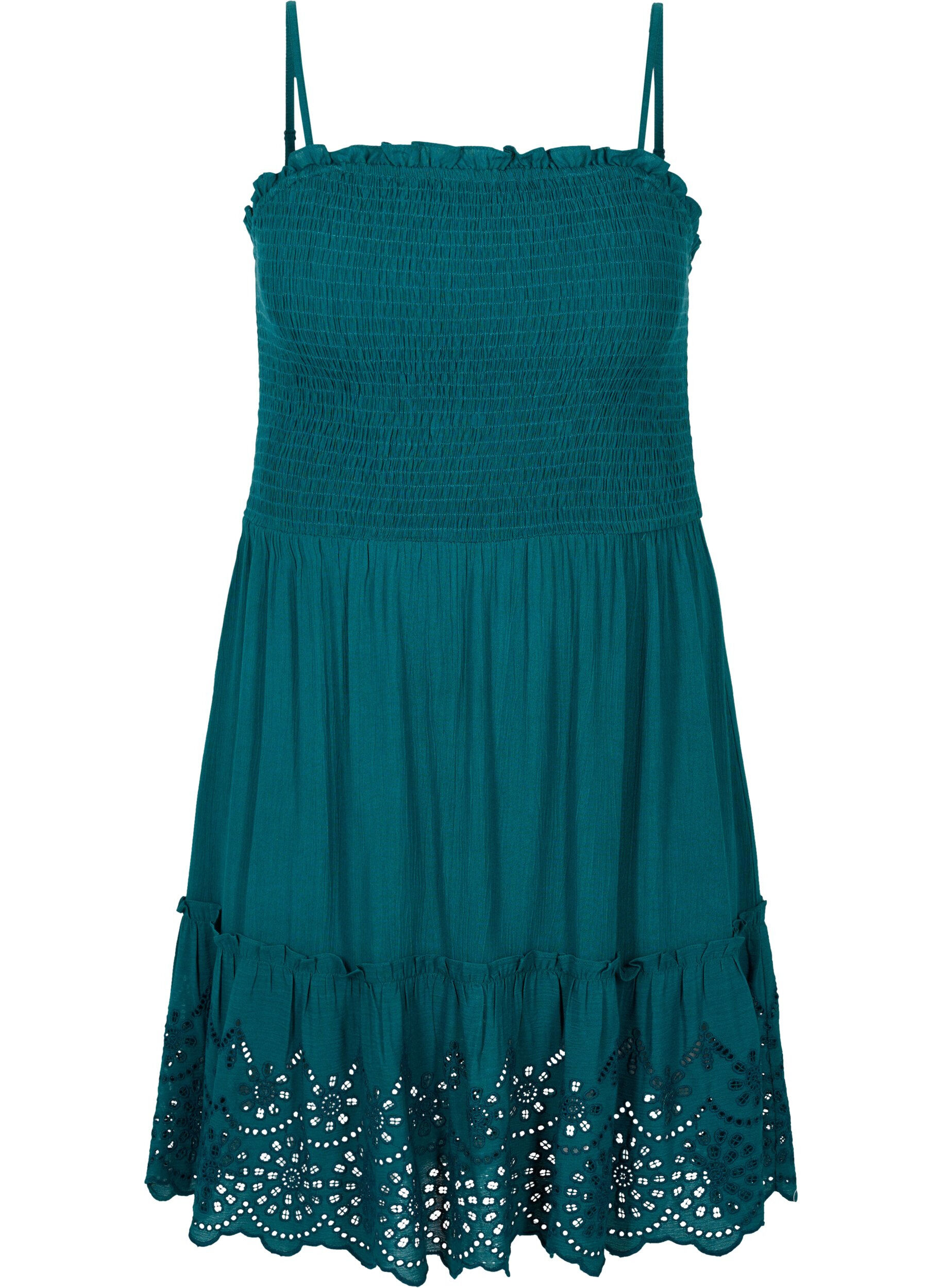 ZizziViskose Strandkleid mit Smock und Lochstickerei, Deep Teal, Packshot image number 0