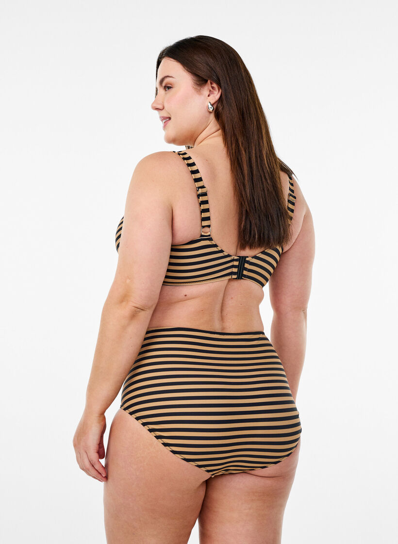 Hoch taillierte Bikinihosen mit Streifen, Braun, Model image number 1