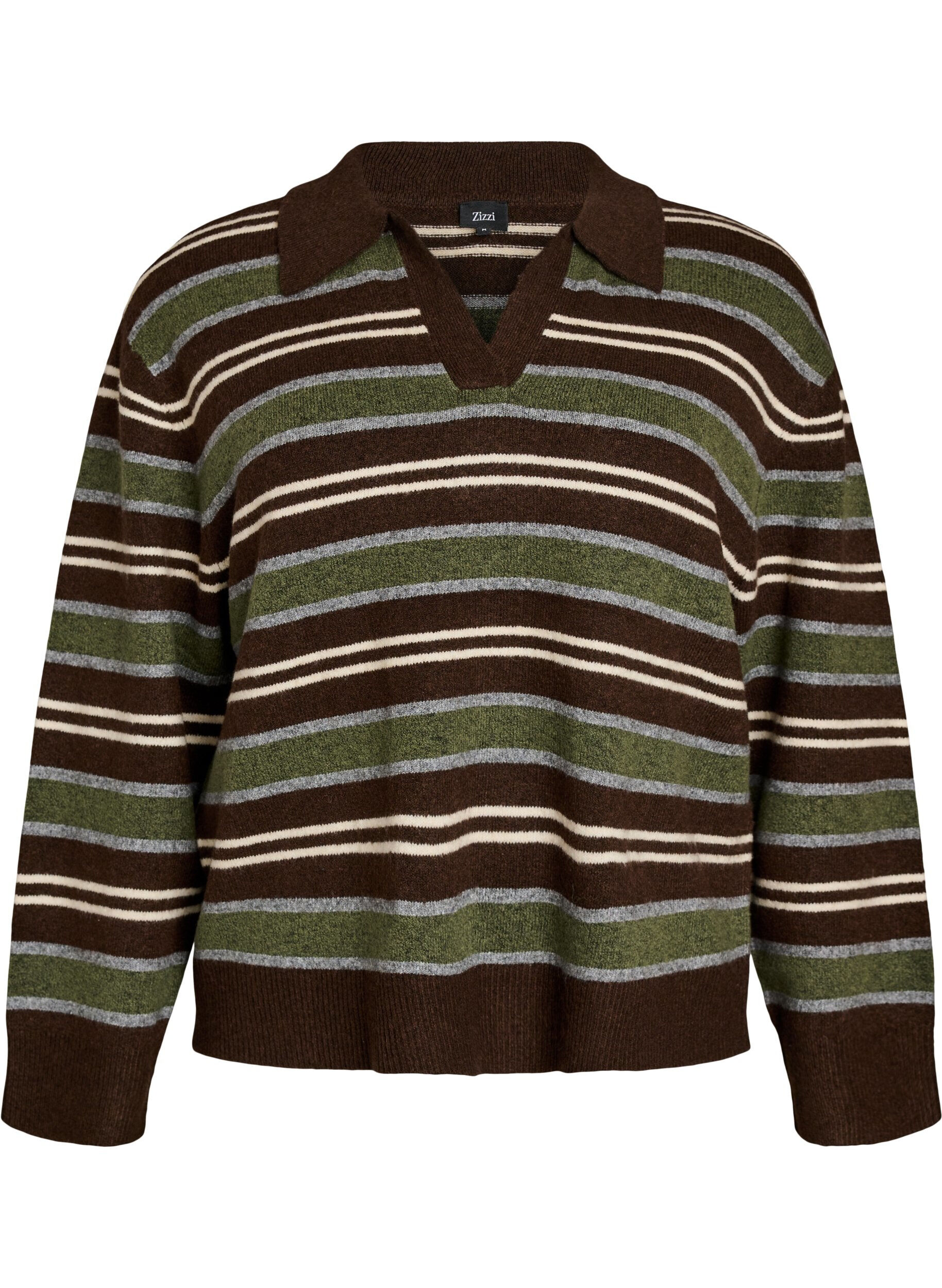 ZizziStrickbluse mit Streifen und Polokragen, Braun, Packshot image number 0