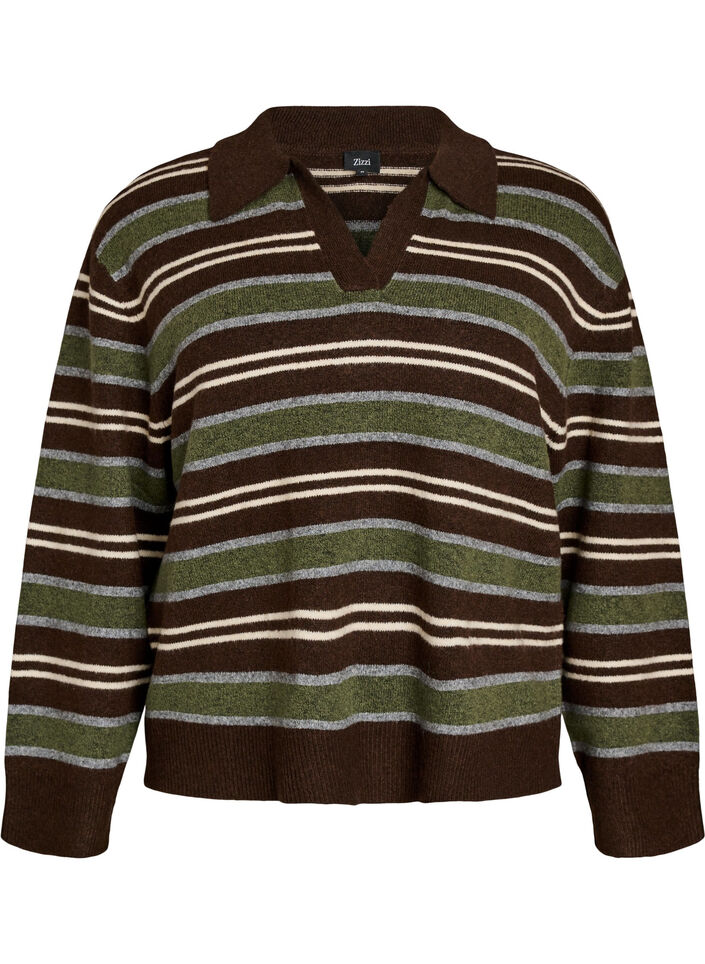 Strickbluse mit Streifen und Polokragen, Braun, Packshot image number 0