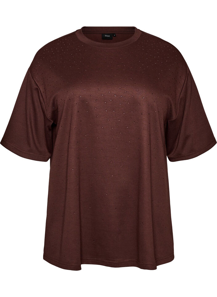 T-Shirt mit Strasssteinen und Rundhalsausschnitt, Braun, Packshot image number 0