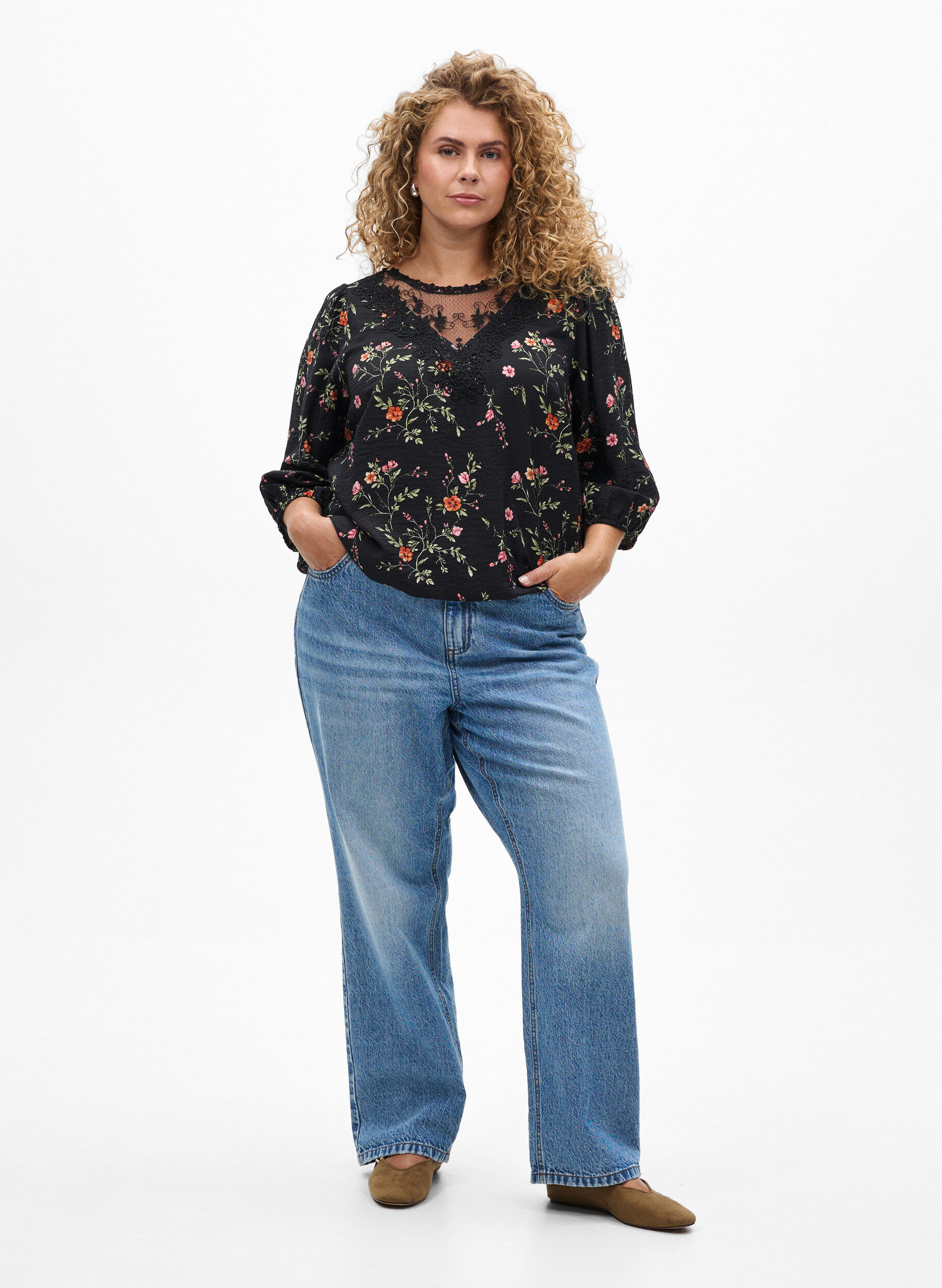 ZizziBluse aus Spitze mit 3/4-&Auml;rmeln, Schwarz, Model image number 1