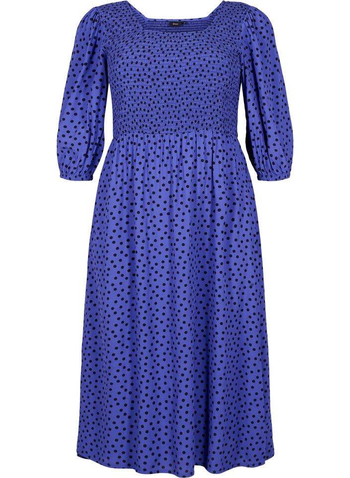 Gepunktetes Kleid aus Viskose mit Smock, R.Blue w. Black Dot, Packshot image number 0