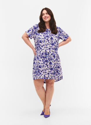 Kleid mit Aufdruck und kurzen Ärmeln, Purple Small Flower, Model image number 2