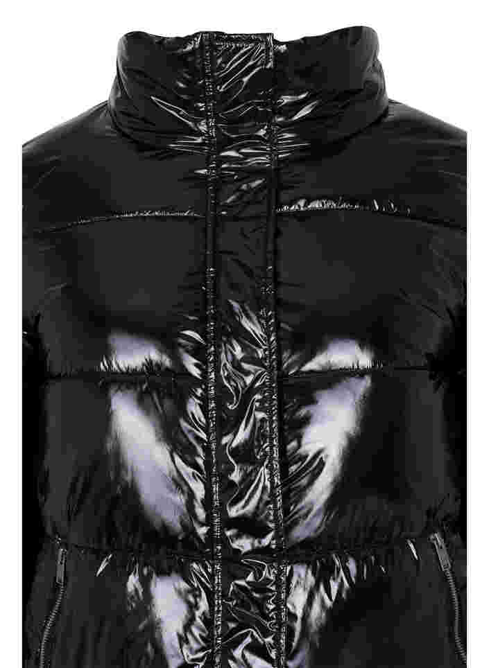 Glänzende Winterjacke mit Reißverschluss und Knopfverschluss, Black, Packshot image number 2
