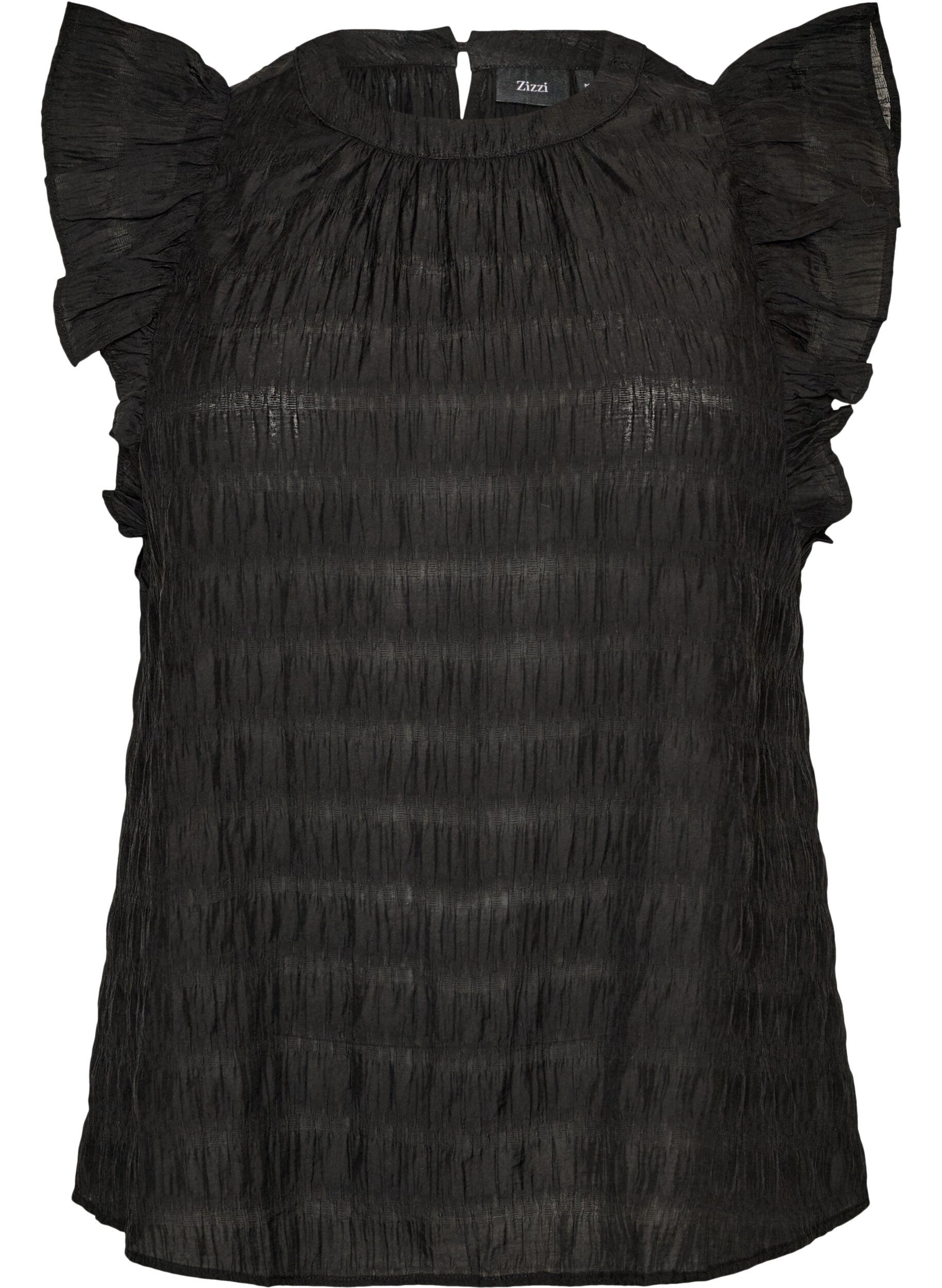 Zizzi&Auml;rmellose Bluse mit Struktur und R&uuml;schen, Schwarz, Packshot image number 0