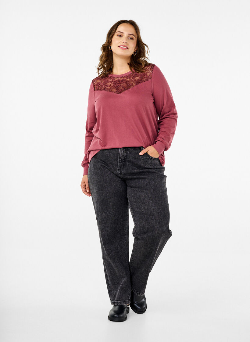 Sweatshirt mit Spitzendetails, Rose Brown, Model image number 2