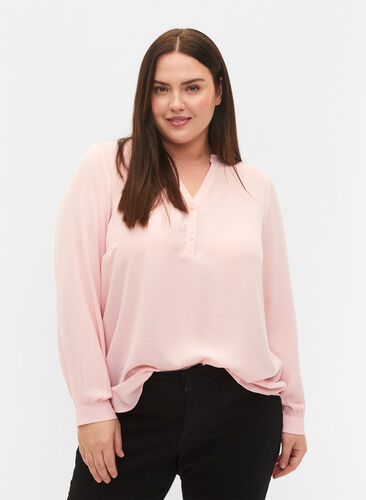 	 Langärmelige Bluse mit V-Ausschnitt, Strawberry Cream, Model image number 0