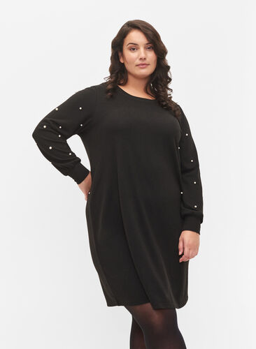 Langärmeliges Kleid mit Perlendetails, Black, Model image number 0