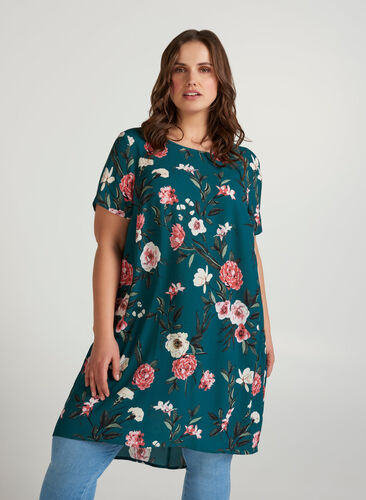 Kleid mit kurzen Ärmeln, GREEN FLOWER AOP, Model image number 0