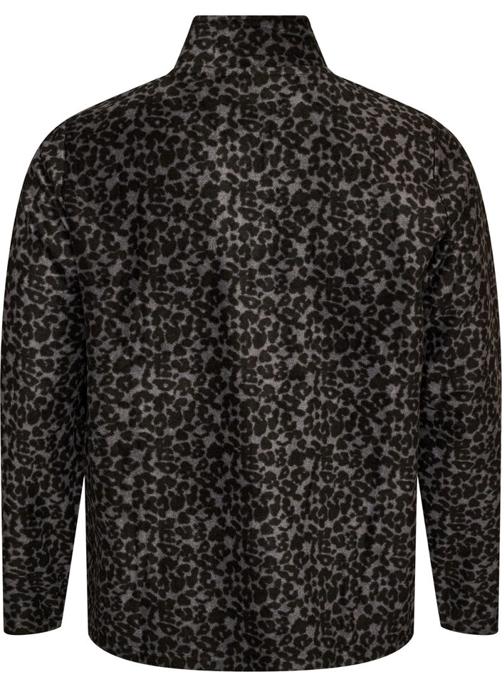 Fleecejacke mit Leopardenmuster und hohem Kragen, Schwarz, Packshot image number 1