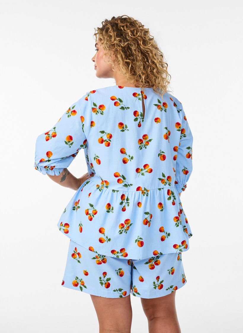 Shorts aus Baumwolle mit Tomaten-Print und hoher Taille, Blau, Model image number 2