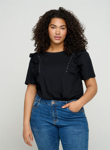 Kurzarm T-Shirt aus Baumwolle mit Rüschen, Black, Model image number 0