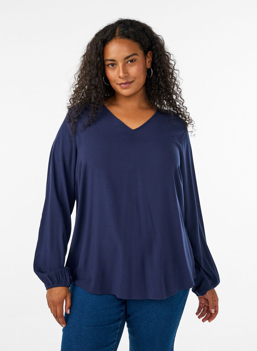 Bluse aus Viskose mit V-Ausschnitt und abgerundetem Saum, Blau, Model image number 0