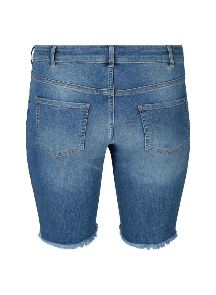 Hochtaillierte Denim-Shorts mit Fransensaum, Dark blue denim, Packshot image number 1