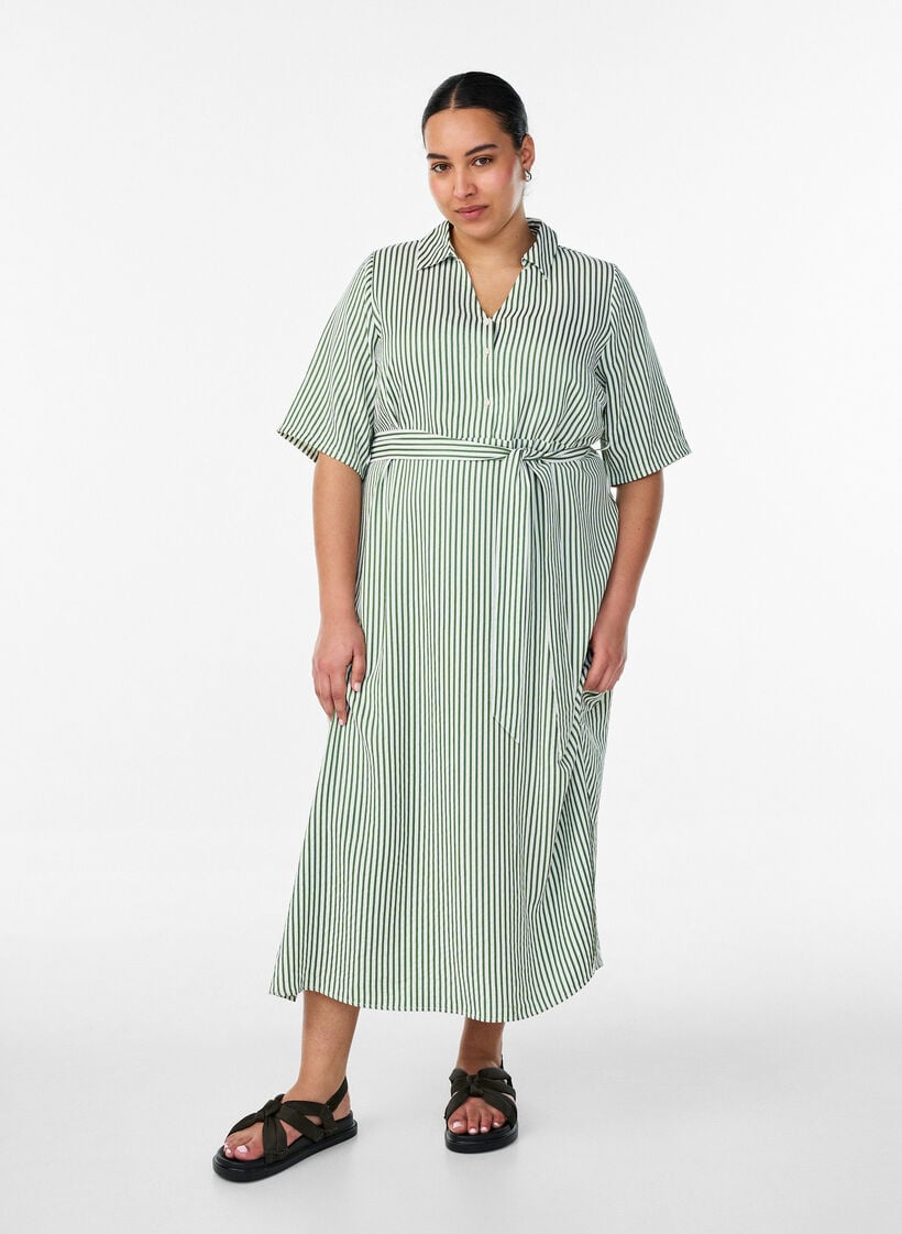 Kn&ouml;chellanges Hemdblusenkleid mit Bindeg&uuml;rtel und Streifen, Gr&uuml;n, Model image number 0