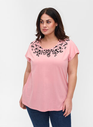 T-Shirt aus Baumwolle mit Printdetails, Blush mel Leaf, Model image number 0