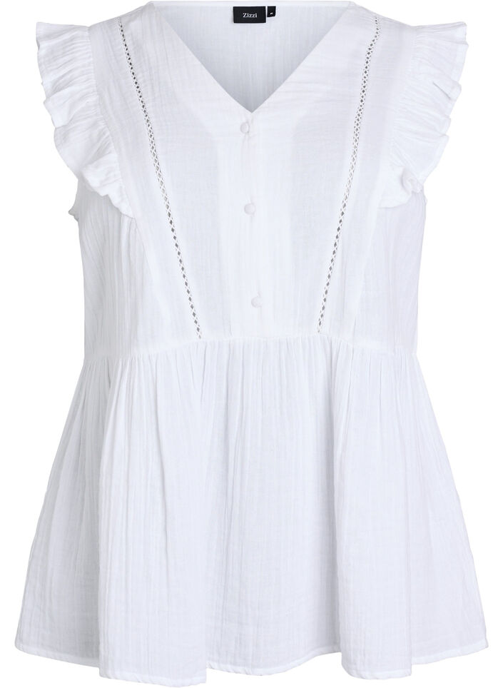 &Auml;rmellose Bluse aus Baumwoll-Musselin mit R&uuml;schen, Wei&szlig;, Packshot image number 0