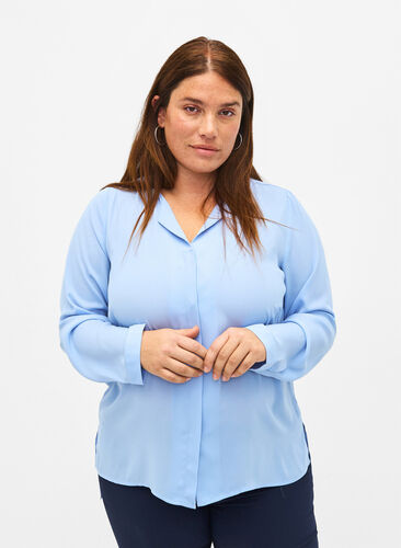 Einfarbiges Hemd mit V-Ausschnitt, Serenity, Model image number 0