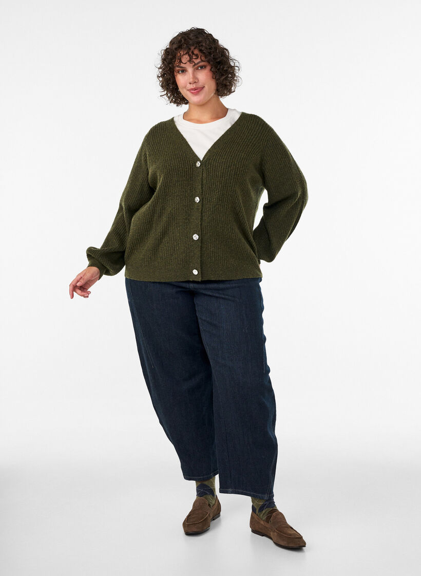Strickjacke mit V-Ausschnitt und Rippstruktur, Gr&uuml;n, Model image number 1