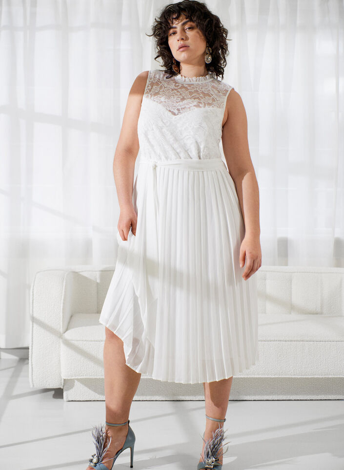 Ärmelloses Brautkleid mit Spitze und Plissé, Bright White, Image