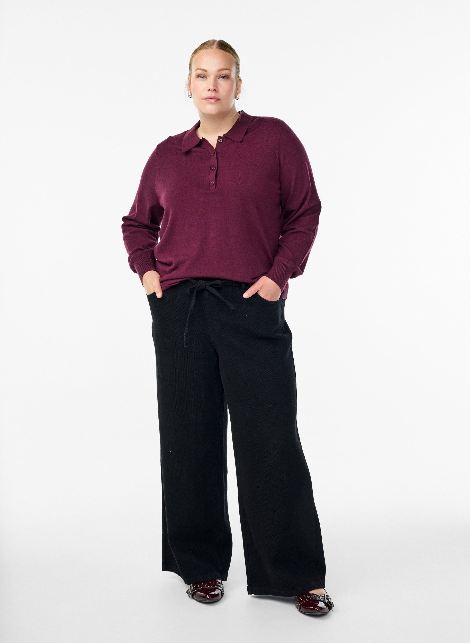 ZizziStrickbluse mit Kragen, Dunkles Bordeaux, Model image number 1