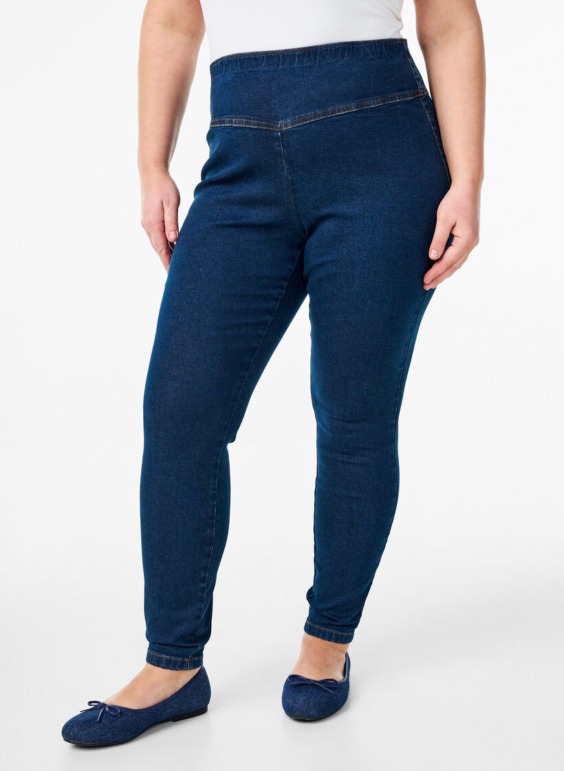 Elastische Jeggings mit hoher Taille, Blau, Model image number 2