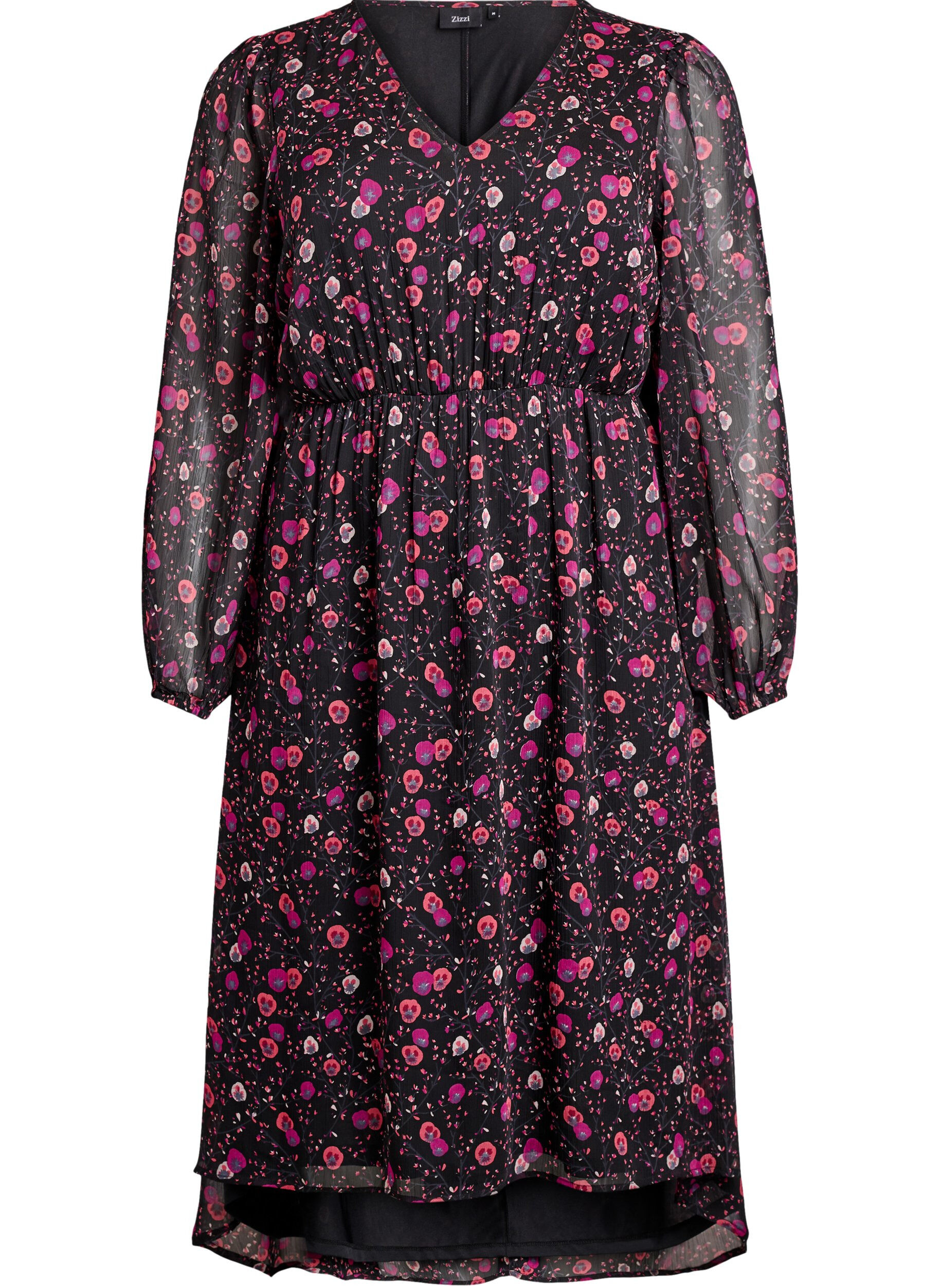 ZizziKleid aus Chiffon mit Blumenmuster und langen &Auml;rmeln, Schwarz, Packshot image number 0