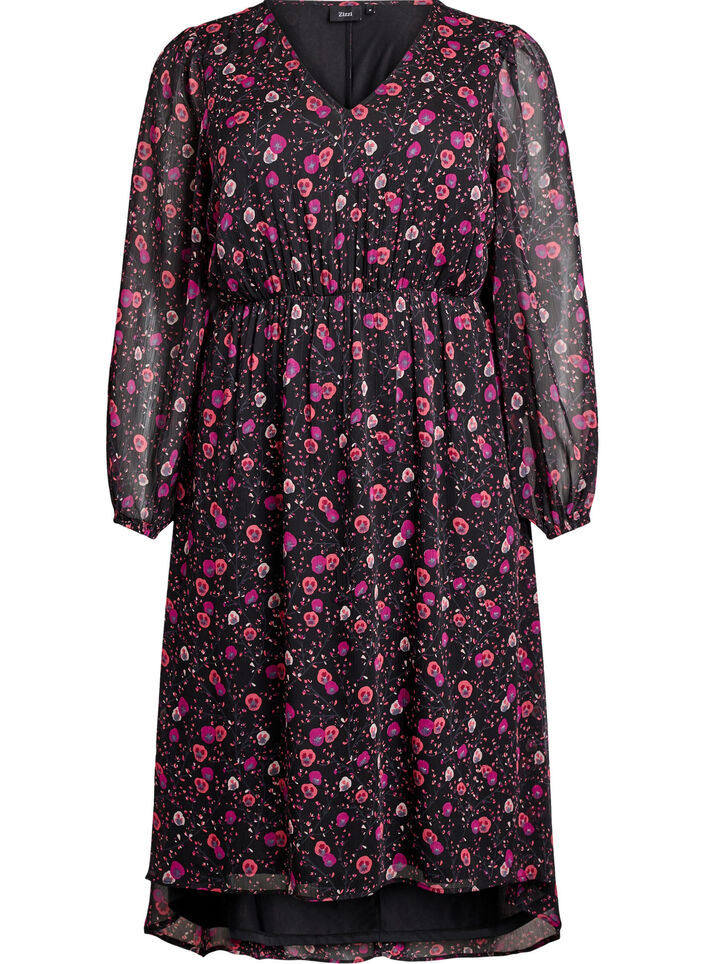 Kleid aus Chiffon mit Blumenmuster und langen &Auml;rmeln, Schwarz, Packshot image number 0