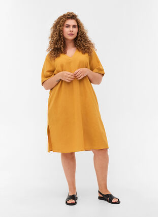 Kurzarm Kleid aus Baumwollmischung mit Leinen, Honey Mustard, Model image number 2