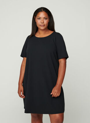 Kurzarm Kleid mit Rundhals, Black, Model image number 0