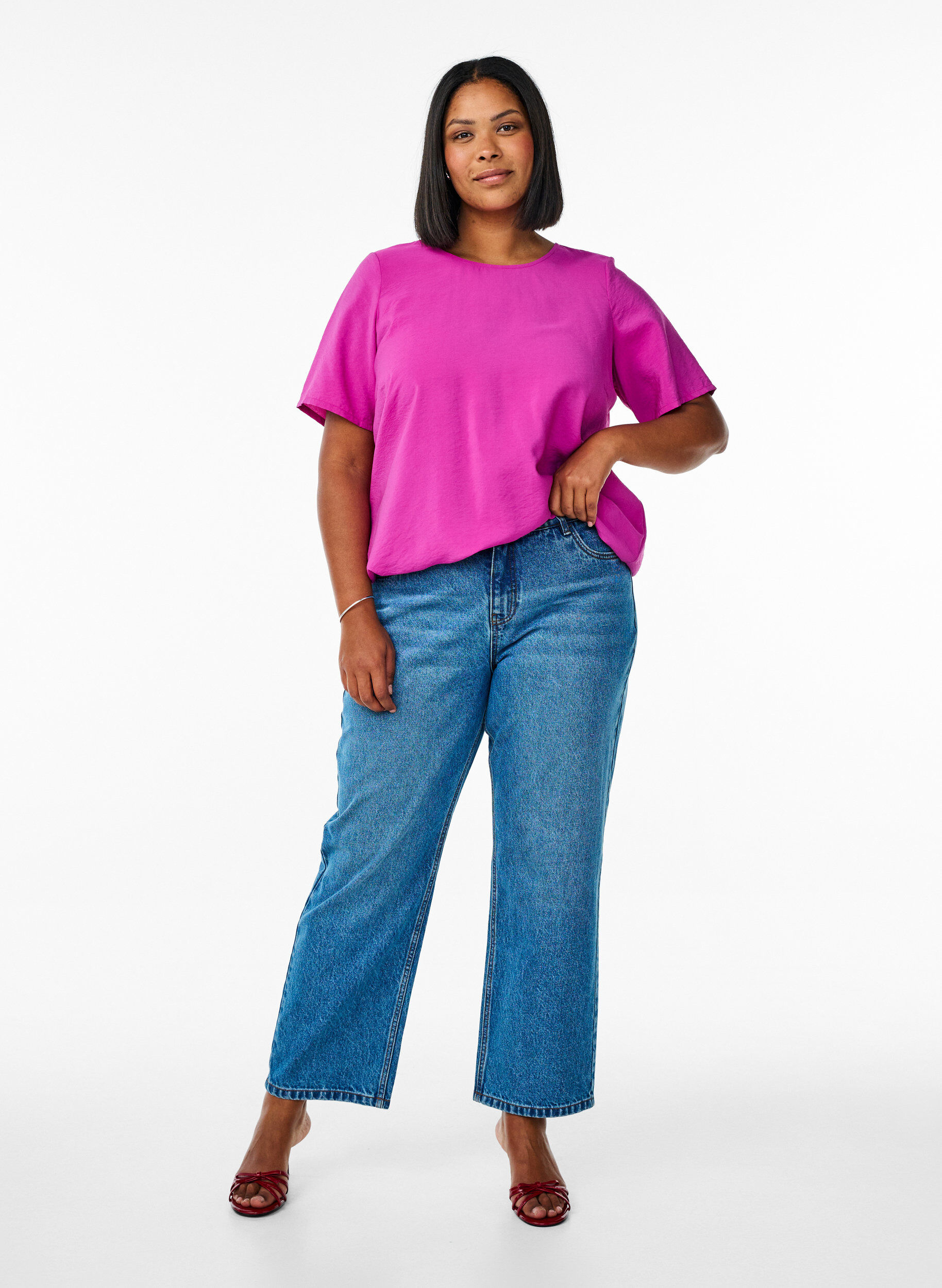 ZizziBluse mit kurzen &Auml;rmeln und elastischem Saum, Pink, Model image number 1