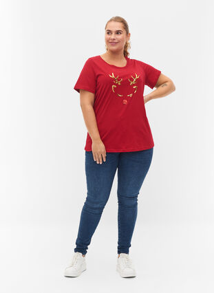 Weihnachts-T-Shirt aus Baumwolle, Tango Red Reindeer, Model image number 2