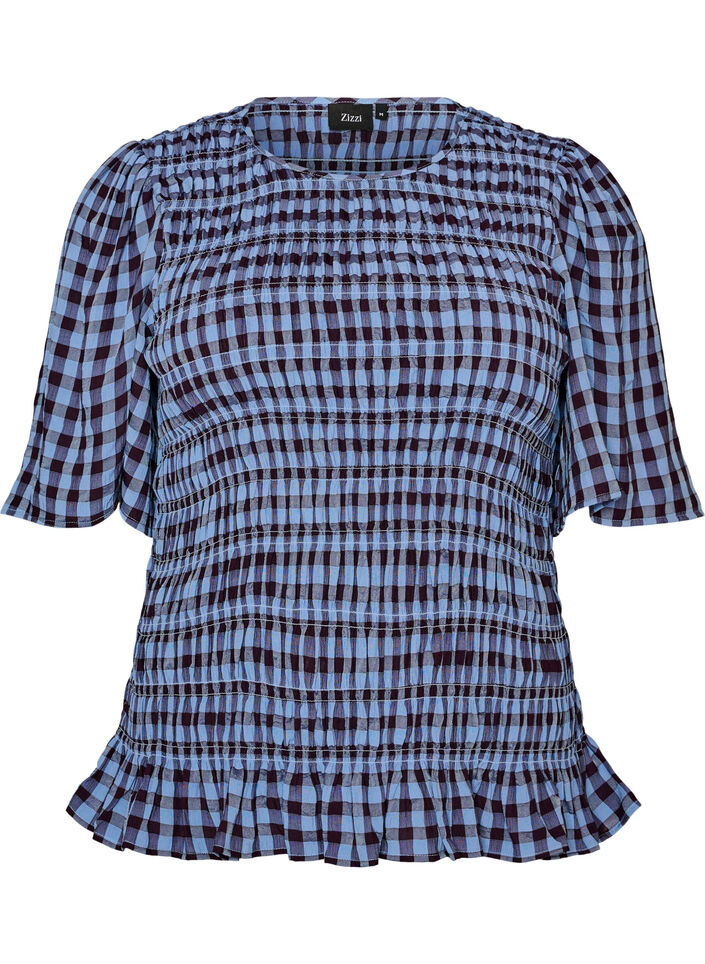 Smockbluse mit Vichy-Karo und R&uuml;schensaum, Blau, Packshot image number 0