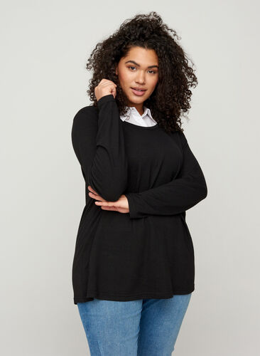 Einfarbige Bluse mit langen Ärmeln und Kragen, Black, Model image number 0