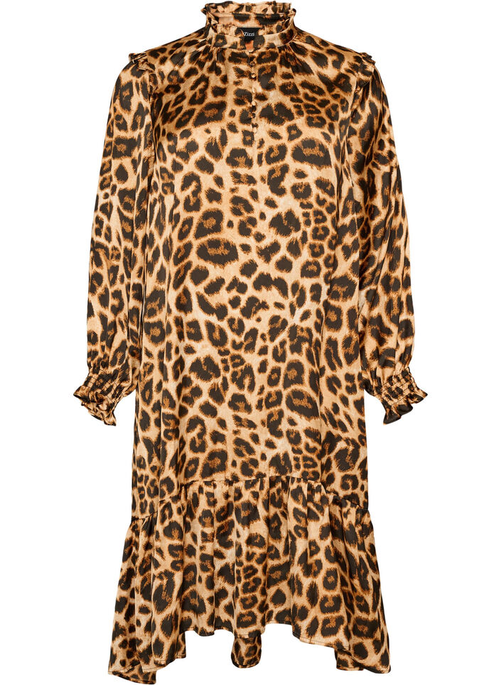 Kleid mit Leopardenmuster und R&uuml;schendetails, Braun, Packshot