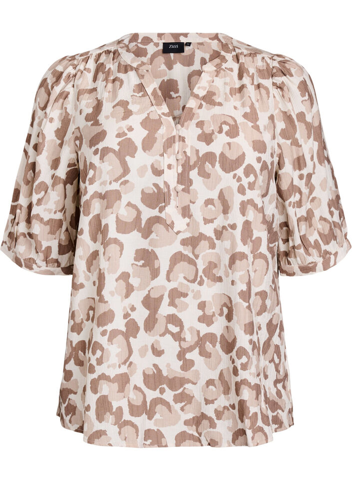 Bluse mit Leopardenmuster und halben Ärmeln, Weiß, Packshot image number 0