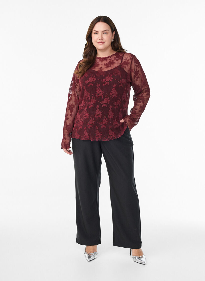 Langärmelige Bluse aus Mesh mit Spitzenmuster, Dunkles Bordeaux, Model image number 1