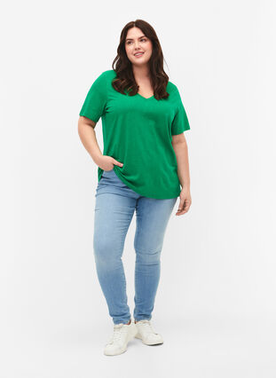 Kurzärmeliges Basic T-Shirt mit V-Ausschnitt, Jolly Green, Model image number 2